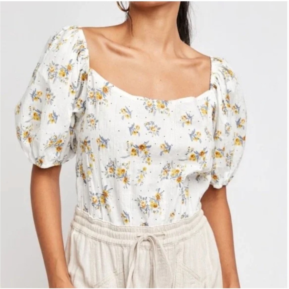 Free People Intimately Angela Floral Puff Sleeve Square Neck Bodysuit Top S
